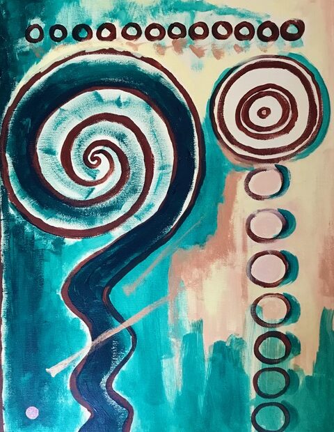 Acrylic painting inspired by a Mayan glyph signifying the choice some make to take the straight path to the goal while some choose the more difficult one.