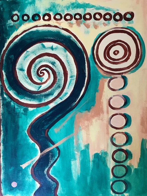 Acrylic painting inspired by a Mayan glyph signifying the choice some make to take the straight path to the goal while some choose the more difficult one.